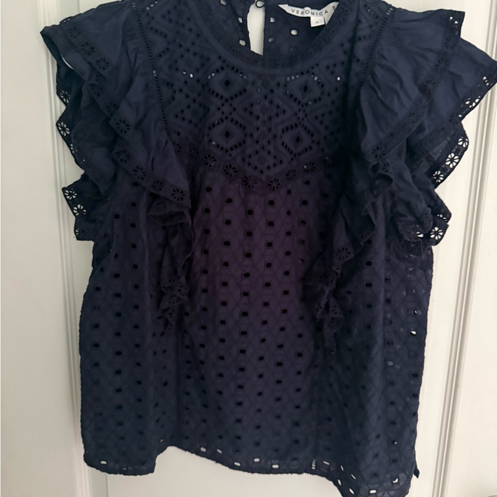 Veronica Beard Midnight Navy Eyelet Ruffle Sleeveless Blouse